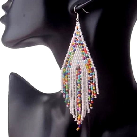Long 5" Multicolor White Stripe Handmade Beaded Oversized Statement Earrings New - Picture 2 of 6